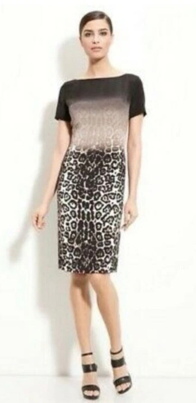 St. John Mini Dress 100% Silk Ombre Black Animal Print Leopard Shift size 8